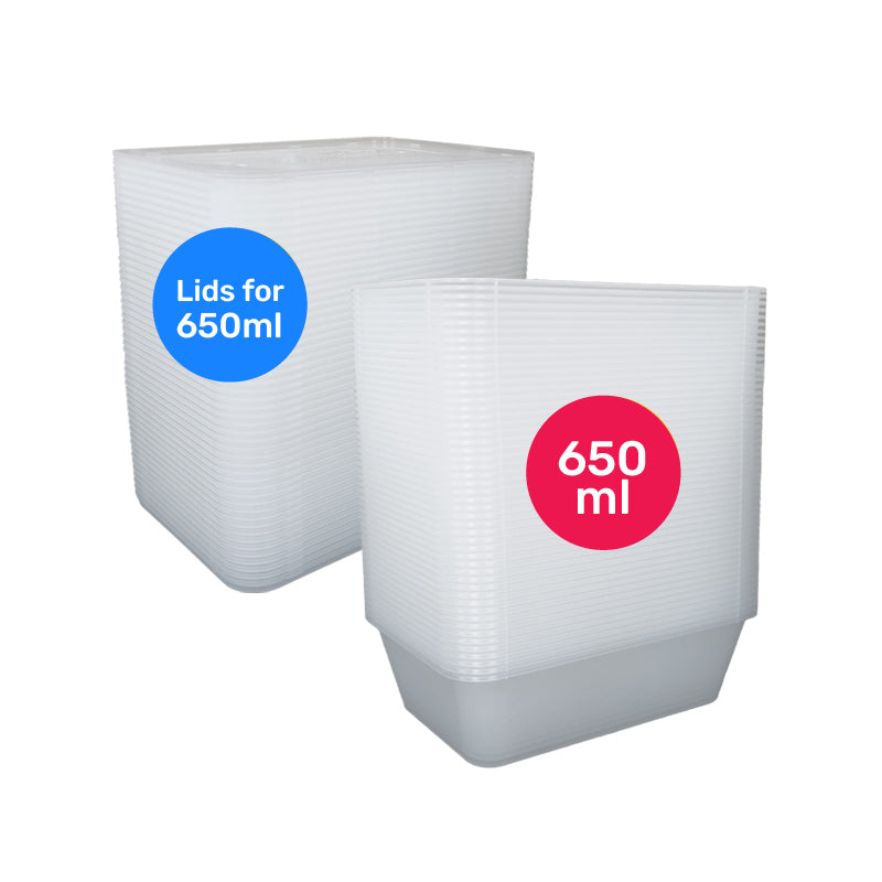 650ml Rect Takeaway Container 50PCS + 50PCS Lids (Separated)
